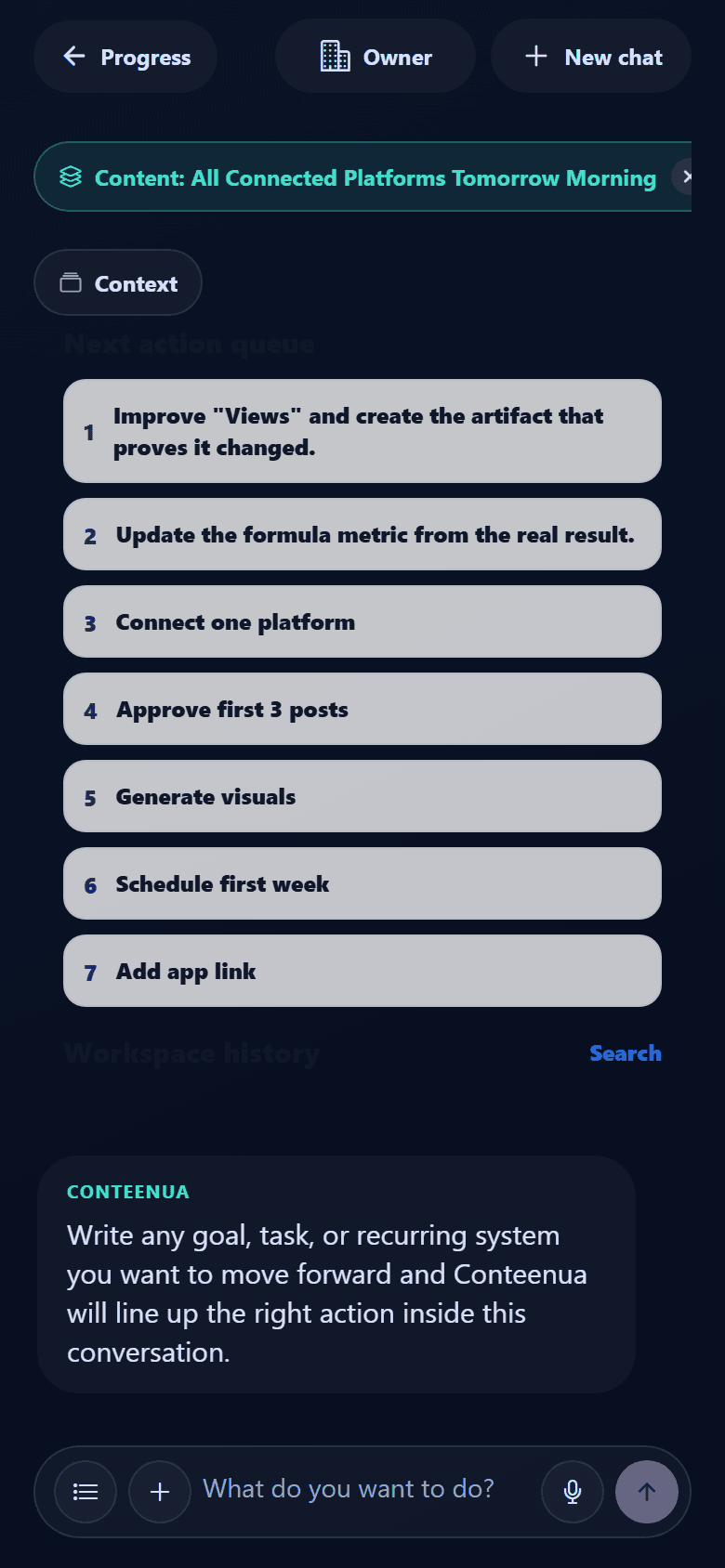 Conteenua mobile workspace showing next actions and bottom composer