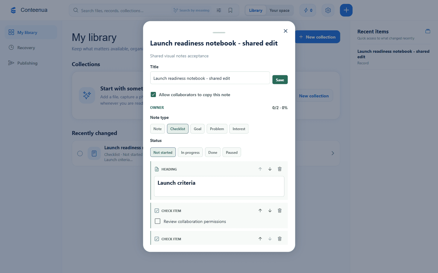 Visual checklist open in Conteenua Library
