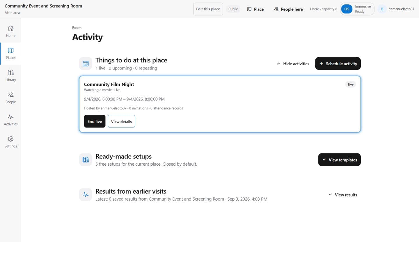 The live activity, schedule, and results