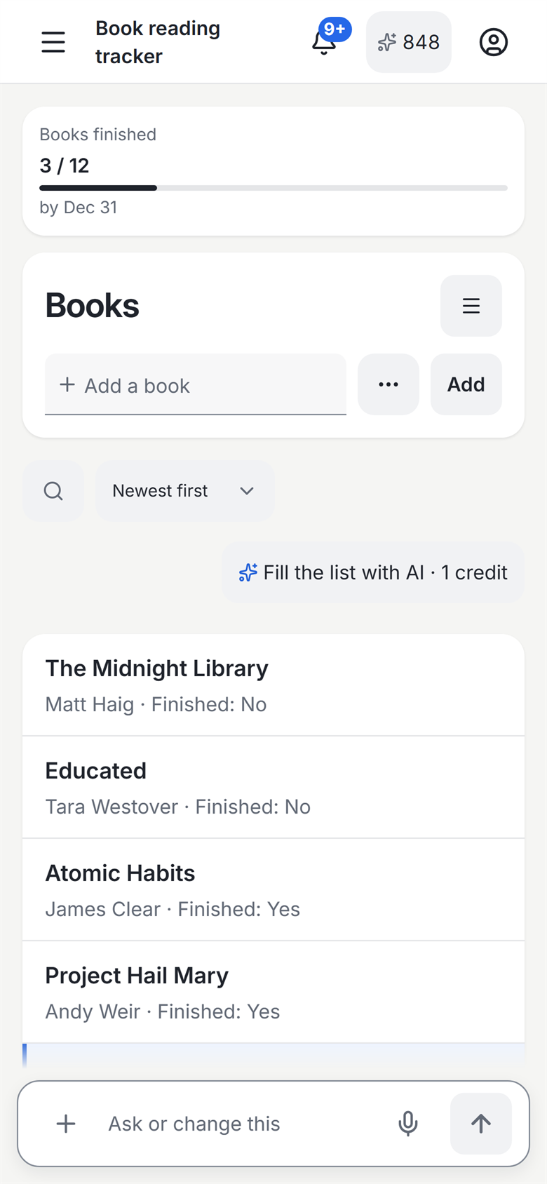 The reading tracker on a phone in light mode